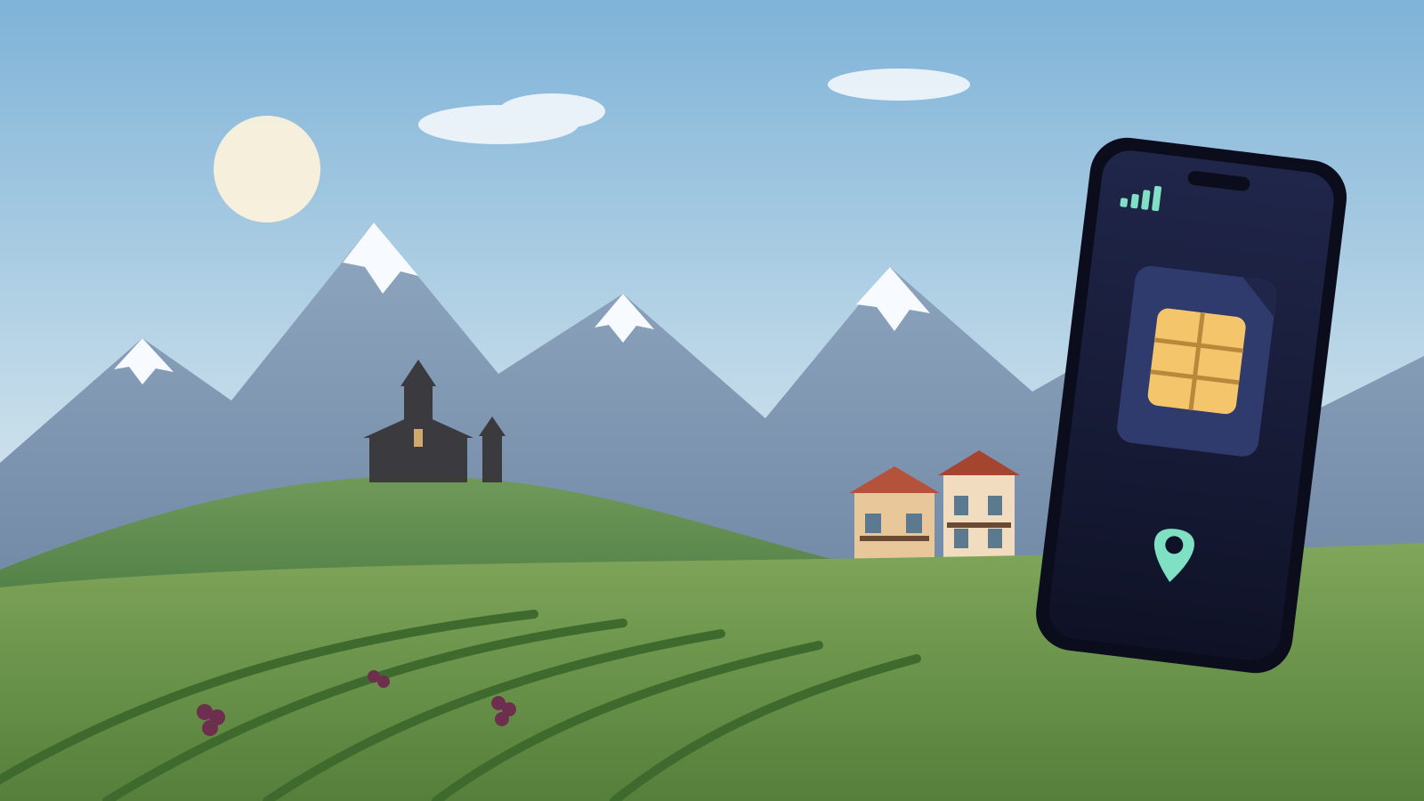 Illustrated mountain landscape with snowy peaks, a hilltop church, red-roofed houses and vineyard rows, with a phone showing a SIM chip and a map pin