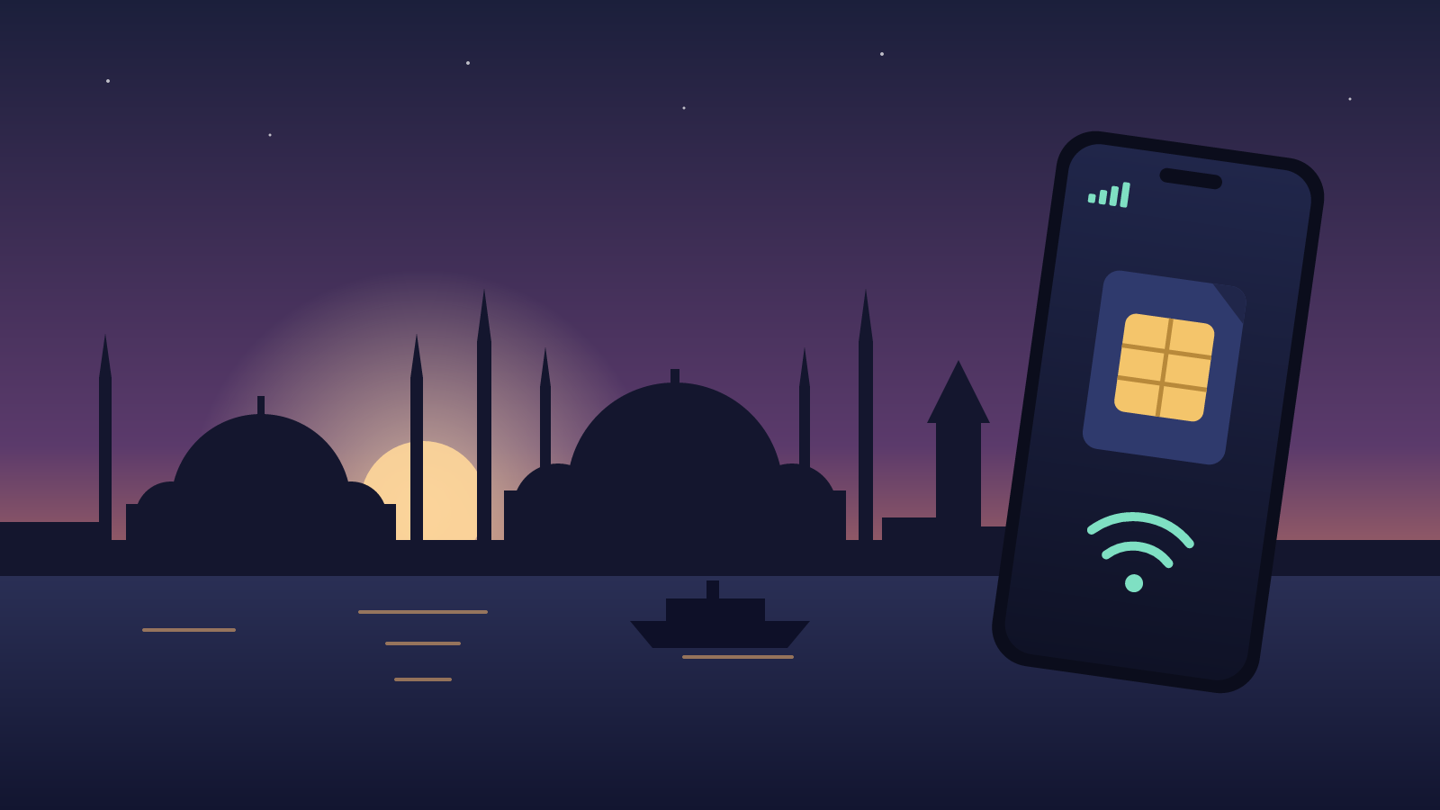 Illustrated city skyline with domes and minarets at dusk, with a phone showing a SIM chip and a Wi-Fi signal